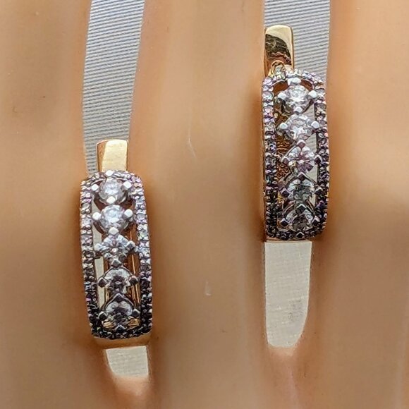 Russian Russia Solid 14K Yellow White Gold Diamond Cluster Pierced Earrings - Picture 5 of 10